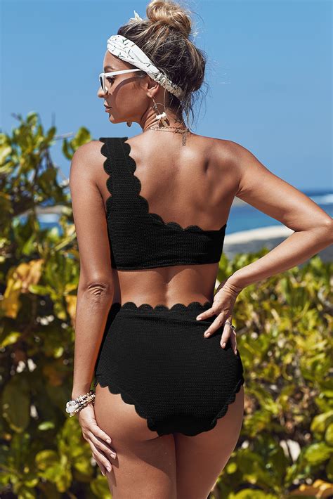 callaway womens high waisted scalloped trim one shoulder bikini bathing suit black amber millet