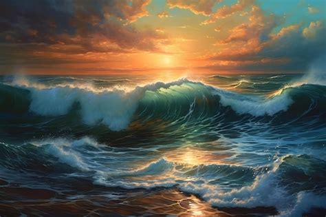 Premium Ai Image Ocean Wave Sea Water In Crest Shape Sunset Light And