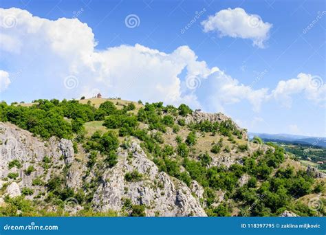 Panoramic View Of The Mountain In Serbia With Pavilion On Top Stock