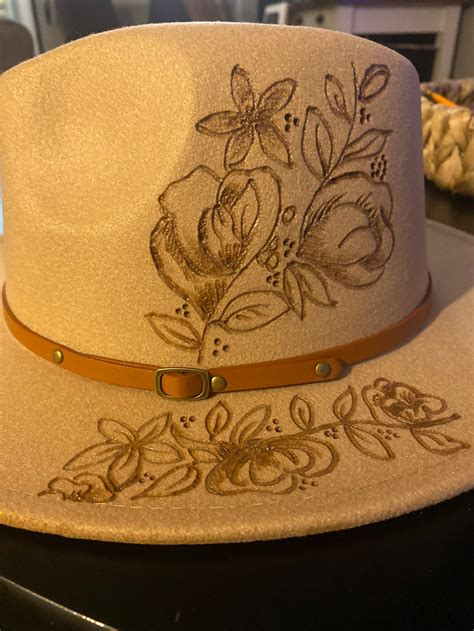 Wide Brim Hat With Burned Floral Design Custom Made Made Etsy