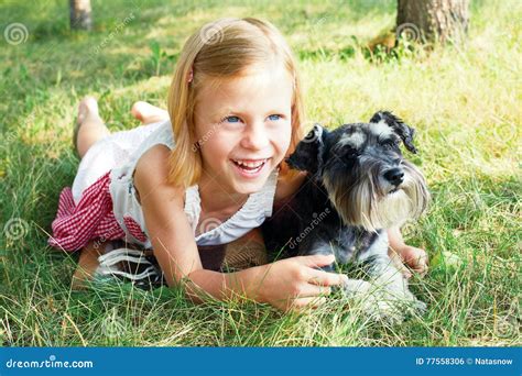 Cute Little Girl Hugging Her Little Dog Stock Photo Image Of Children
