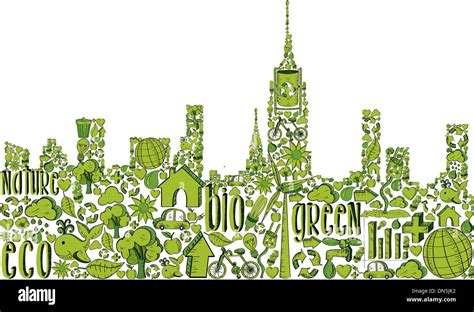 Green City Silhouette With Environmental Icons Stock Vector Image And Art