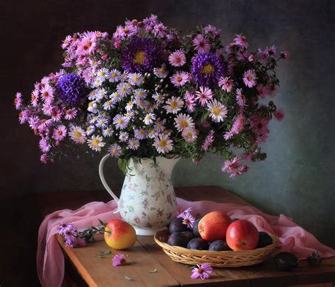 Still Life With A Bouquet Of Chrysanthemums And Fruits Photograph By