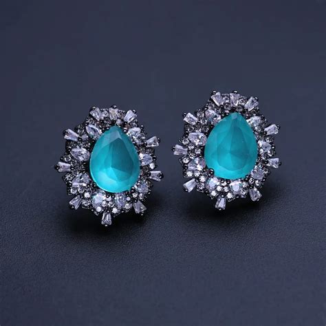 Blue Stone Stud Earrings Water Drop Shape With Cubic Zirconias Earring For Women Fashion Jewelry