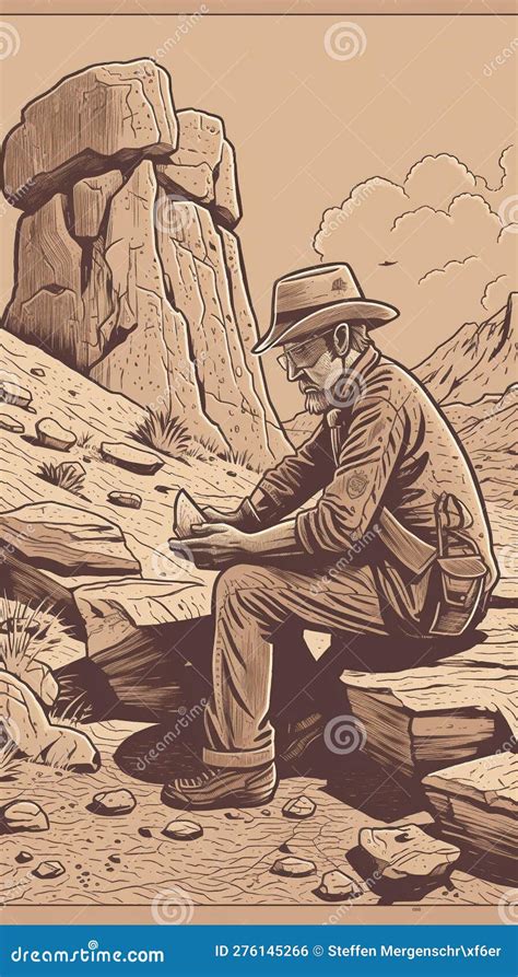 Geologist Examining Rock Formation In Desert Stock Illustration