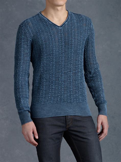 Lyst John Varvatos V Neck Cable Knit Sweater In Blue For Men