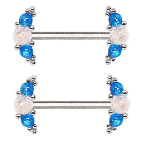 Pair Bluewhite Triple Synthetic Opal Nipple Rings