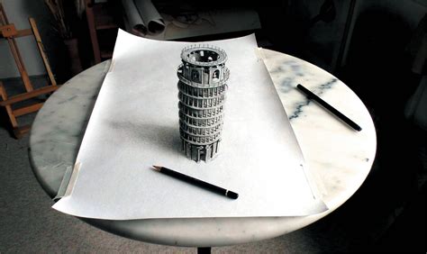 Hand drawing travel label isolated on. Leaning Tower of Pisa - The Art of 3D Drawing Book