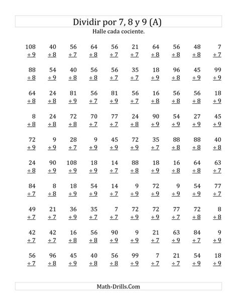 La Hoja De Ejercicios De Matemáticas De Divisiones Básicas Por 7 8 Y 9 A De 10th Grade