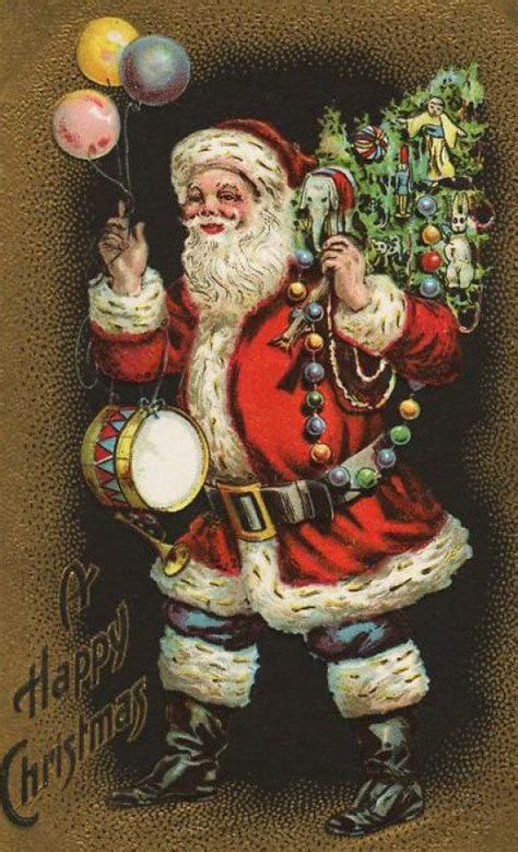 An Old Fashioned Christmas Card With Santa Holding Balloons