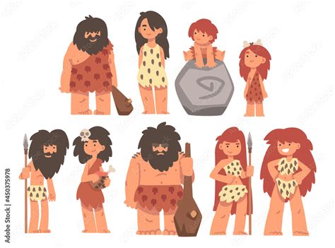 Primitive People Character From Stone Age Wearing Animal Skin Vector