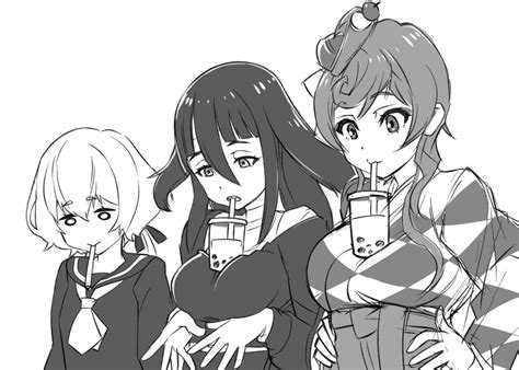 Safebooru 3girls Breast Envy Breasts Cup Disposable Cup Drinking Straw Greyscale Hands On Hips