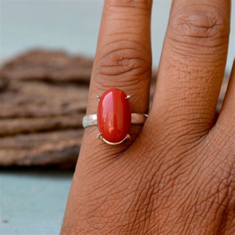 Red Coral Gemstone Ring 925 Sterling Silver Ring Unisex Etsy