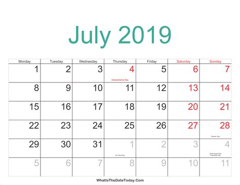 July 2019 Calendar Printable With Holidays Whatisthedatetodaycom