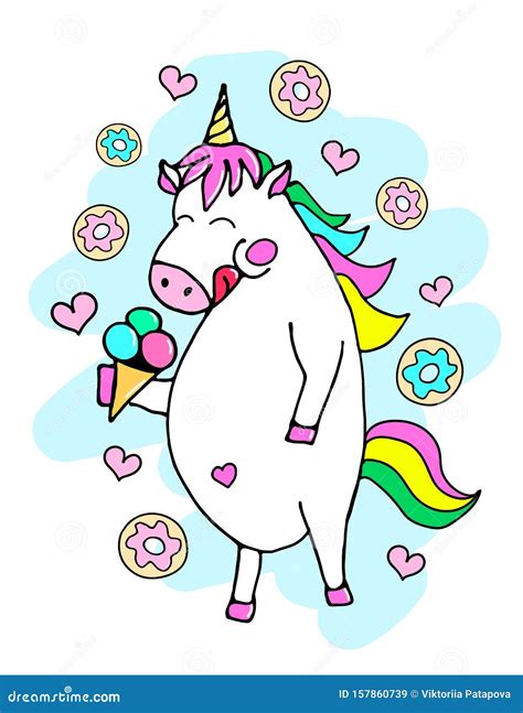 Cute Funny Cartoon Fat Unicorn With Ice Cream And Donut On A Pink