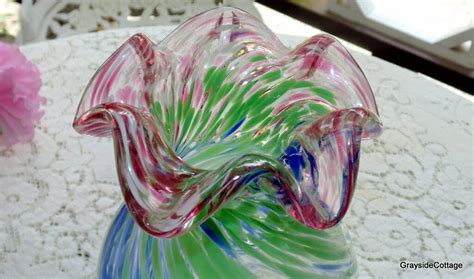 Murano Millefiori Art Glass Vase Ruffled Top Footed Base Multi Color Swirls Of Blue Green