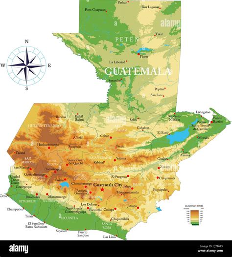 Mapa Físico Muy Detallado De Guatemala En Formato Vectorial Con Todas