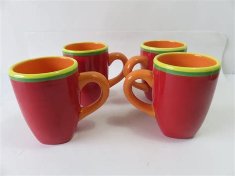 Dansk Caribe Aruba Red Orange Set Of 4 Mugs Handpainted Hot Chocolate