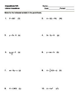 All the inequalities feature multiplication or division on one side. Solving Literal Equations Notes and Worksheet (Solving for ...