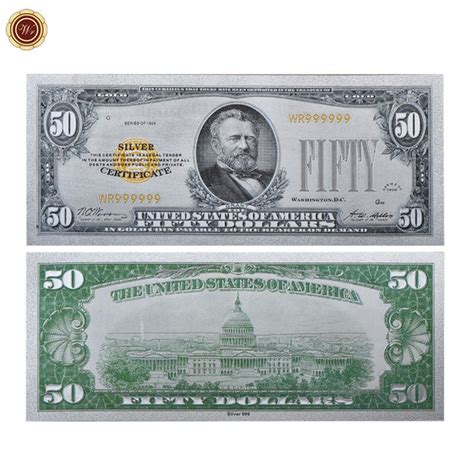 Wr Silver Certificate Us Fifty Dollar Colored Silver Foil Banknote Rare Replicas