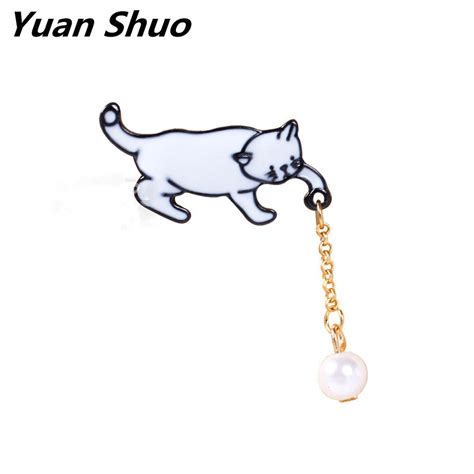 Buy Japanese Style Lovely Cat Catch Ball Enamel Brooch Girl Imitation Pearl