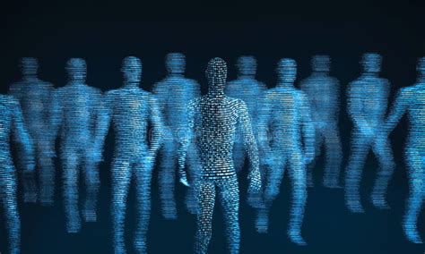 Crowd Of Walking Digital People The Concept Of The Symbiosis Of Man