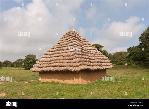 Thatched Roof And Bronze Age Style Dwelling With Timber And Mud Walls