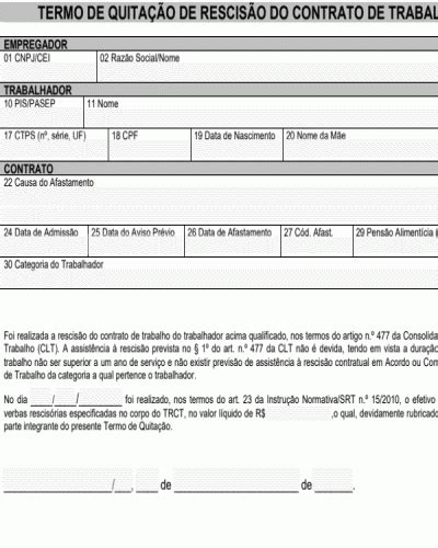 Modelo de Termo Quitação de Rescisão Contrato de Trabalho Doméstico