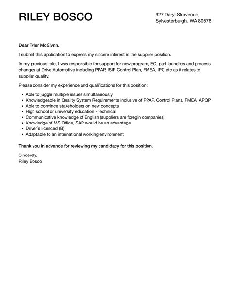 Supplier Cover Letter Velvet Jobs
