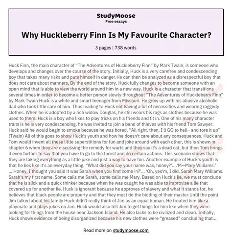 Why Huckleberry Finn Is My Favourite Character Free Essay Example