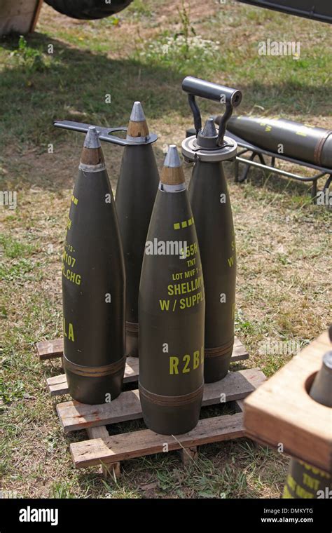 A Pallet With Four 155 Mm Ready Fuzed Projectiles For A Howitzer Stock