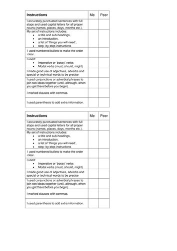 Success Criteria For Instruction Writing Peerself Assessment
