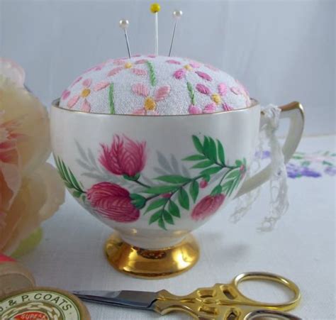 Vintage China Pin Cushion Teacup Pincushion Sewing Etsy Uk Sewing