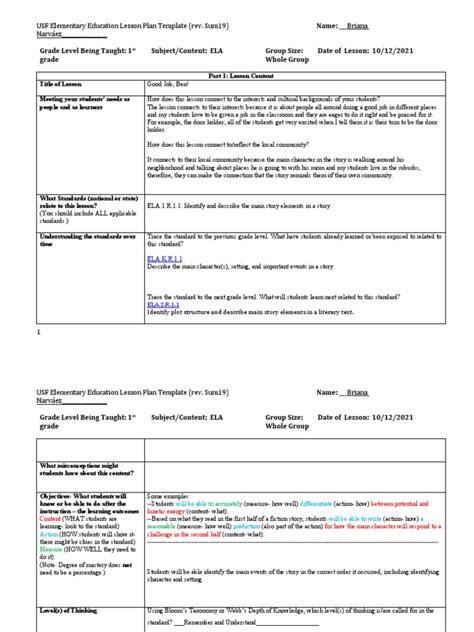 Name Briana Usf Elementary Education Lesson Plan Template Rev