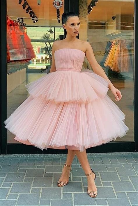 Strapless Pink Tulle Homecoming Dress Gown With Tiered Skirt Tea