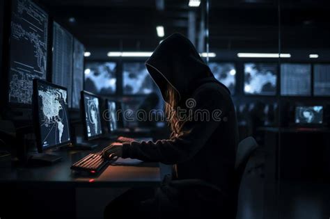 Hacker Dressed In A Hoodie Sitting In A Dark Room Surrounded By