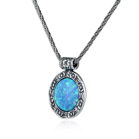 Antique Look Created Blue Fire Opal Round Pendant With 925 Sterling