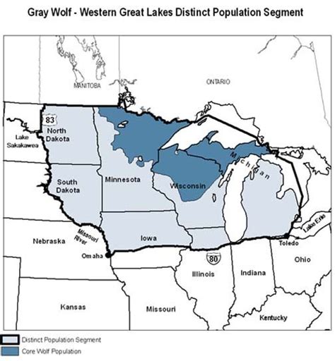 Gray Wolf Range in the Great Lakes -- Upper Midwest Region. Wolf Range
