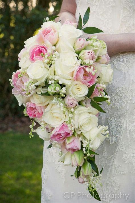 Romantic Teardropcascade Wedding Bouquet Which Includes Pink Tulips