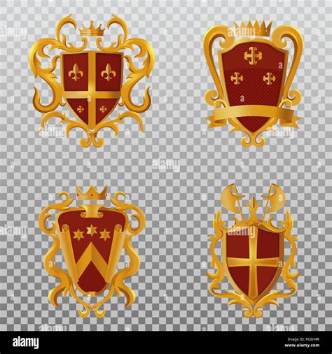 Set Of Isolated Heraldic Shields With Ribbon And Crown Halberd Or