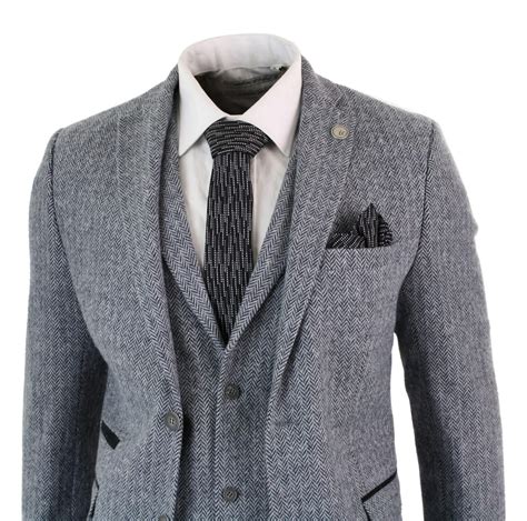 Mens Light Grey 3 Piece Tweed Herringbone Suit Stz11 Buy Online