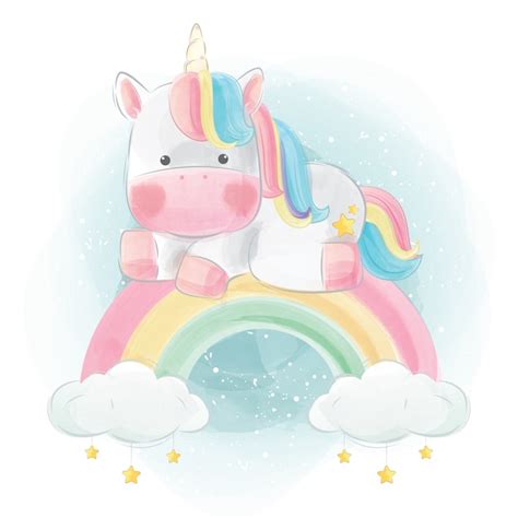 Buntes Einhorn Das über Dem Regenbogen Sitzt Premium Vektor