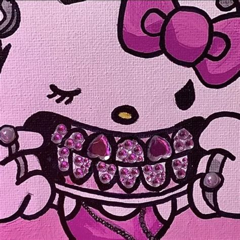 A Painting Of A Hello Kitty Smiling With Pink Teeth And Jewels On Its