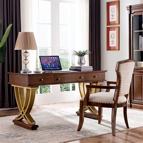 This desk's 2 square, stainless steel legs feature a gold polished finish and floor guides, while its rectangular top is crafted from clear, tempered glass writing desk with modern gold metal base. Luxury Rustic Vintage 55" Wood Office Writing Desk Walnut ...
