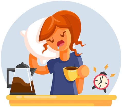 Dessin Animé Fatigué Femme Bâillante Endormie Avec Une Tasse De Café