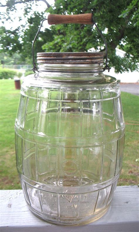 Big Vintage Glass Pickle Barrel Jar Bale Wood Handle Duraglas 2 12