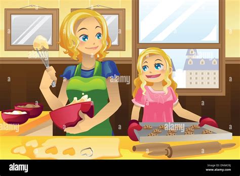a vector illustration of a mother and her daughter baking cookies in the kitchen stock vector