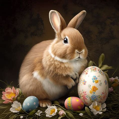 Cute Easter Bunny With Colored Eggs Ai Generated Stock Image Image
