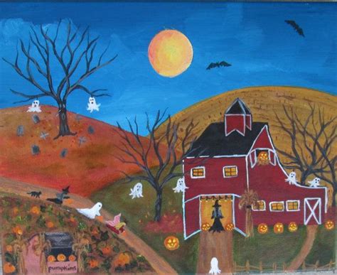 Halloween Painting~~folk Art~~8x10~~ghosts~~witches~~pumpkins