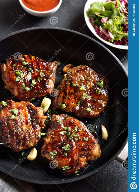 Fried Pork Steaks In Frying Pan Stock Image Image Of Grilled Closeup